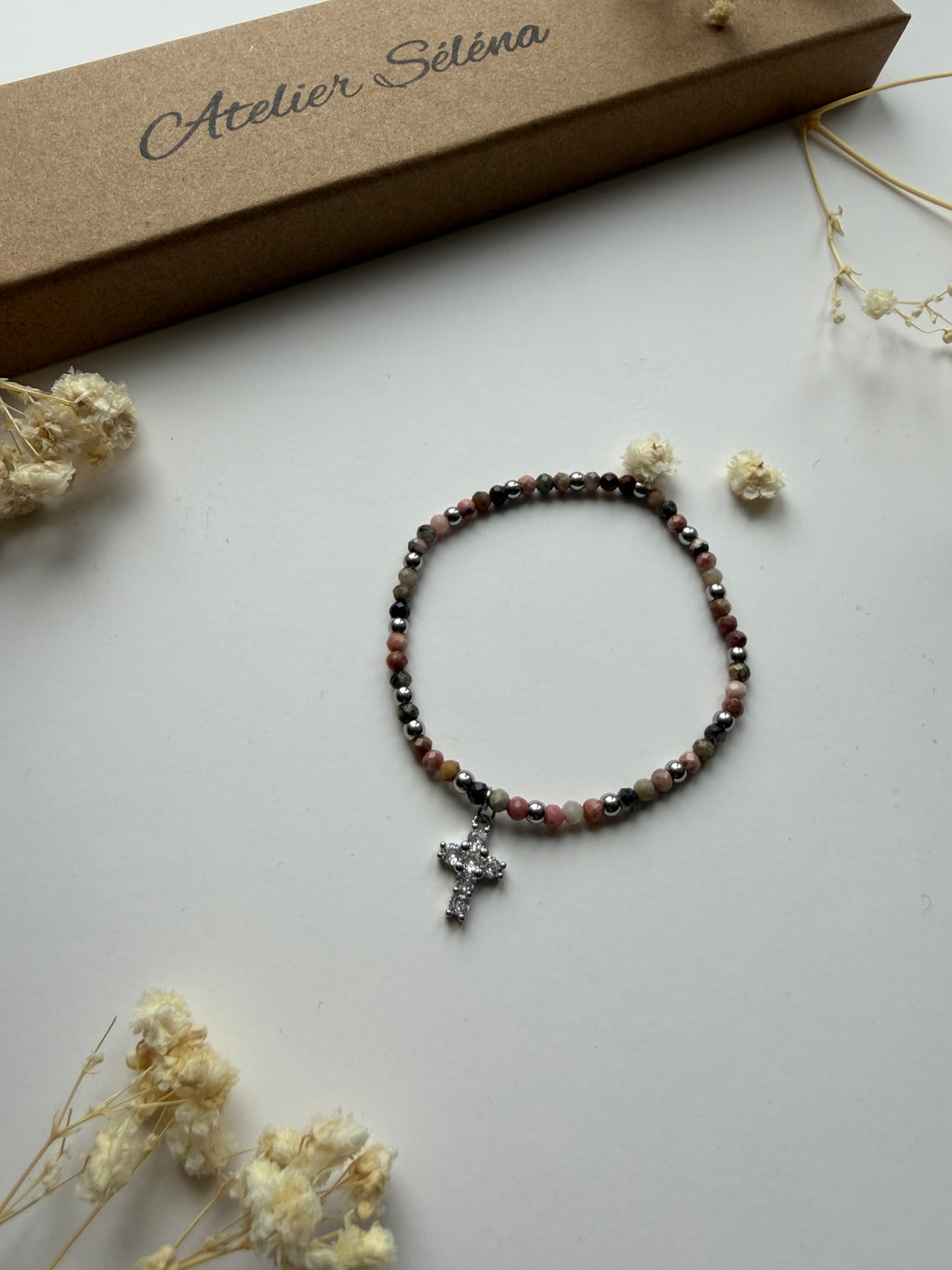 Atelier Séléna - Perles naturelles - Rhodonite dentelle noire et acier inoxydable - Argenté