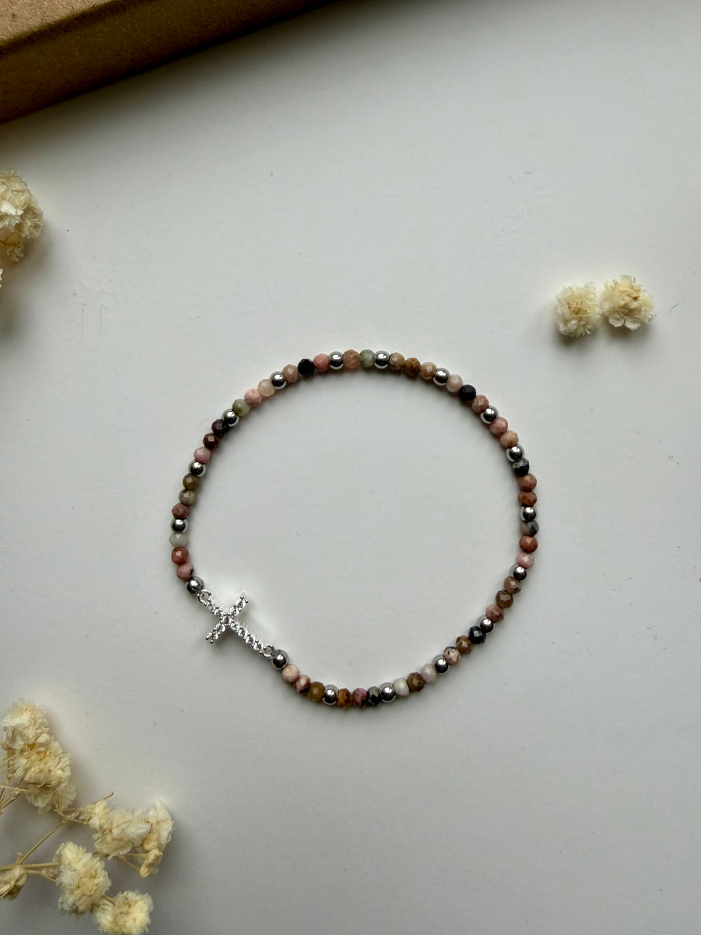 Atelier Séléna - Perles naturelles - Rhodonite dentelle noire et acier inoxydable - Argenté