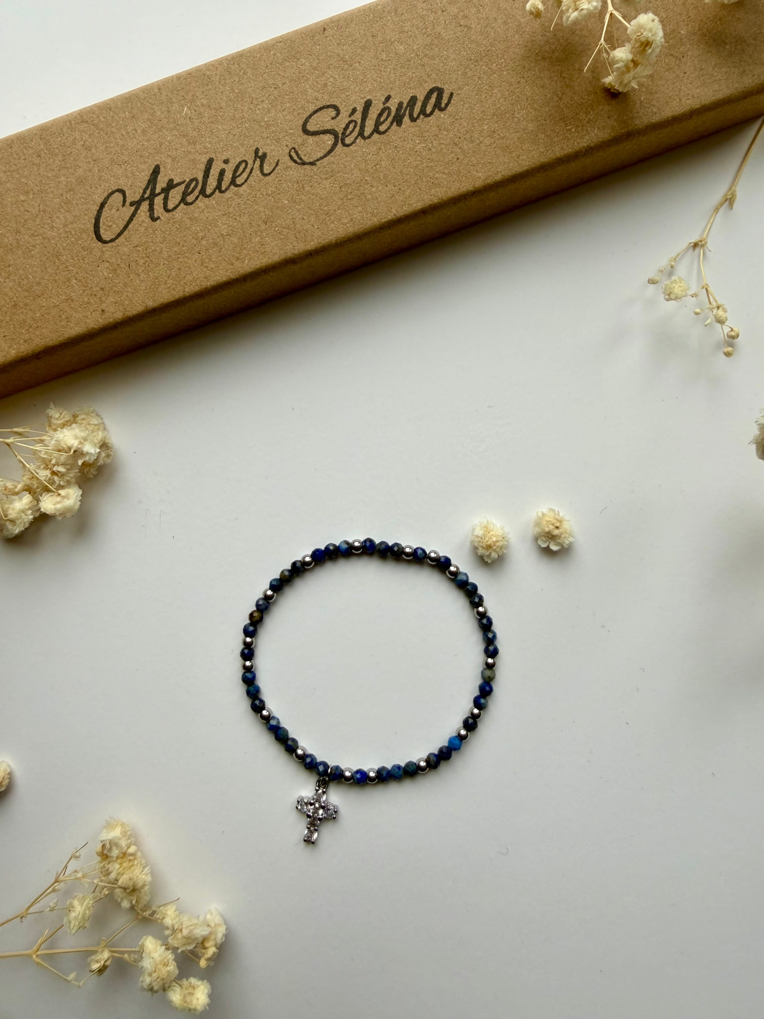 Atelier Séléna - Perles naturelle - Lapis Lazuli et acier inoxydable - Argenté