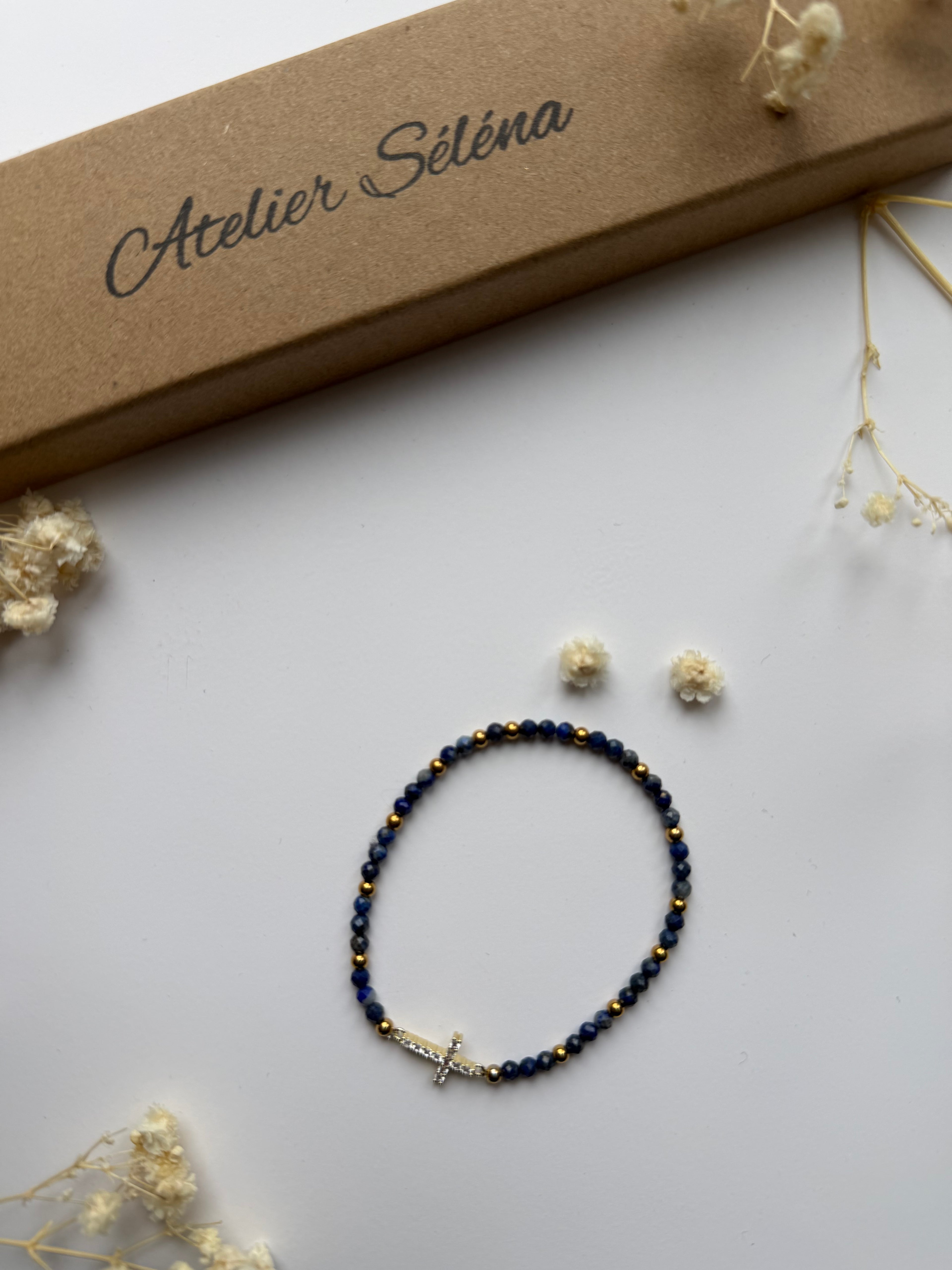 Atelier Séléna - Perles naturelles - Lapis Lazuli et acier inoxydable - Doré