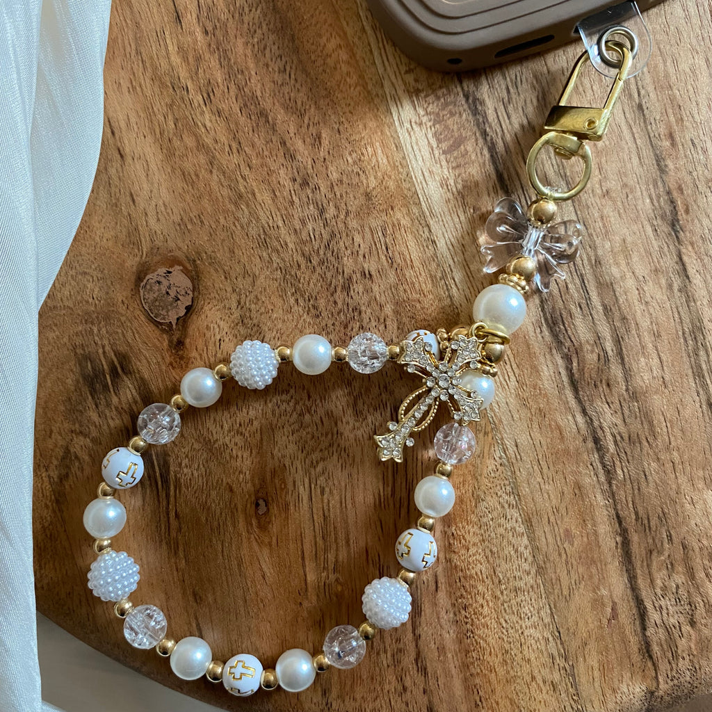Bijou de téléphone - Élégance Perles et Croix Dorée