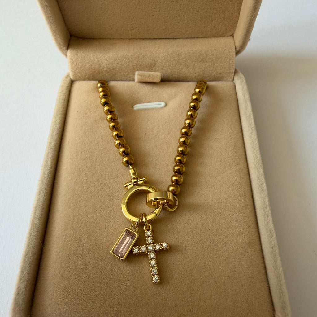 Atelier Séléna - Bracelet croix et pierre de naissance Octobre - Plaqué or 18k - avec écrin