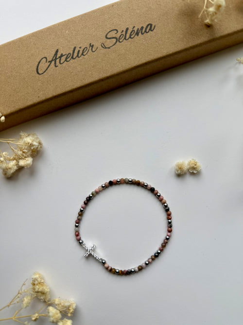 Atelier Séléna - Perles naturelles - Rhodonite dentelle noire et acier inoxydable - Argenté