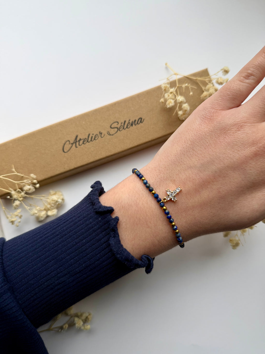 Atelier Séléna - Perles naturelles - Lapis Lazuli et acier inoxydable - Doré