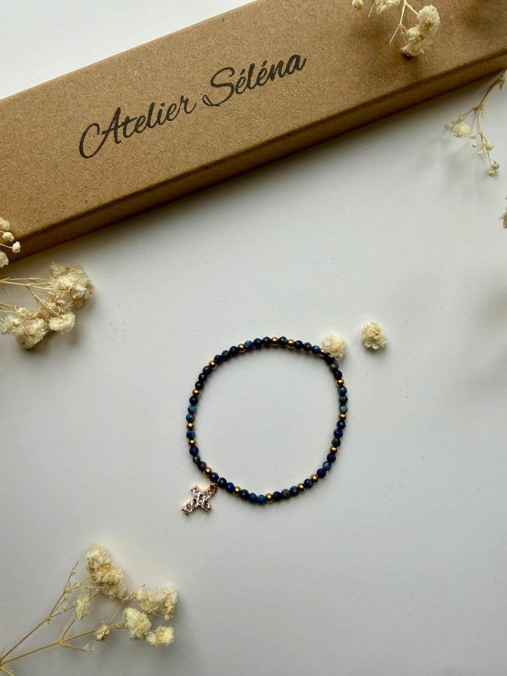 Atelier Séléna - Perles naturelles - Lapis Lazuli et acier inoxydable - Doré