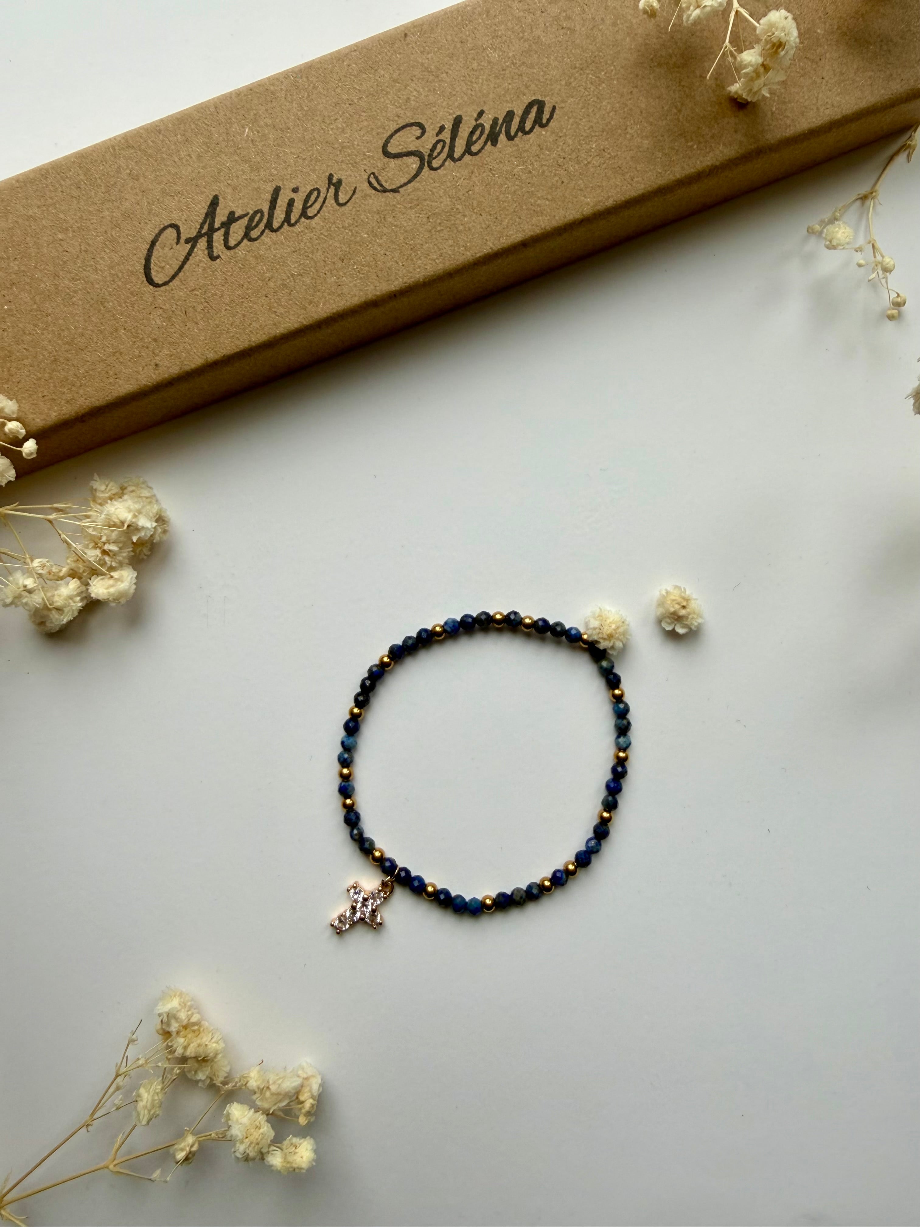 Atelier Séléna - Perles naturelles - Lapis Lazuli et acier inoxydable - Doré