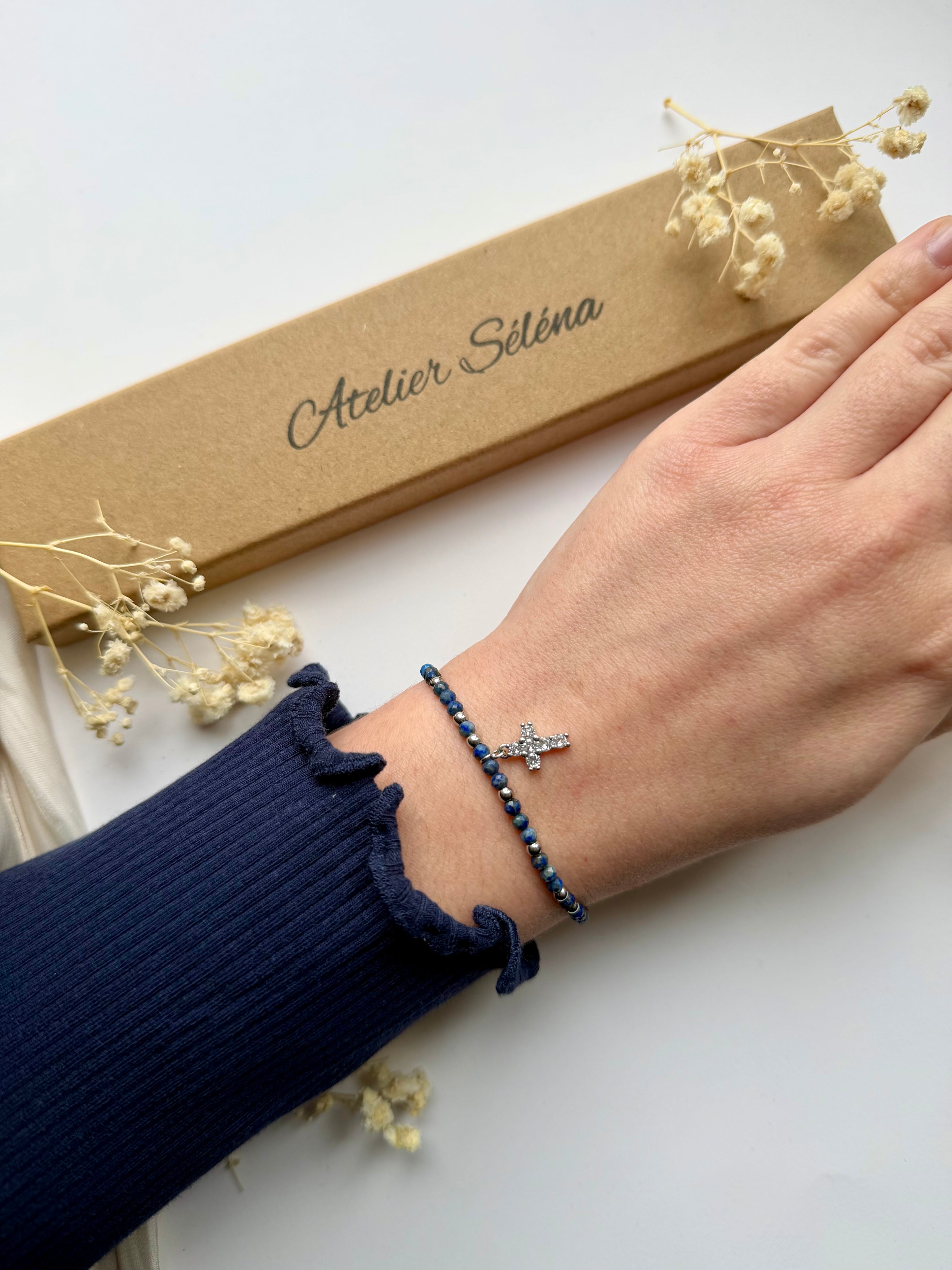 Atelier Séléna - Perles naturelle - Lapis Lazuli et acier inoxydable - Argenté