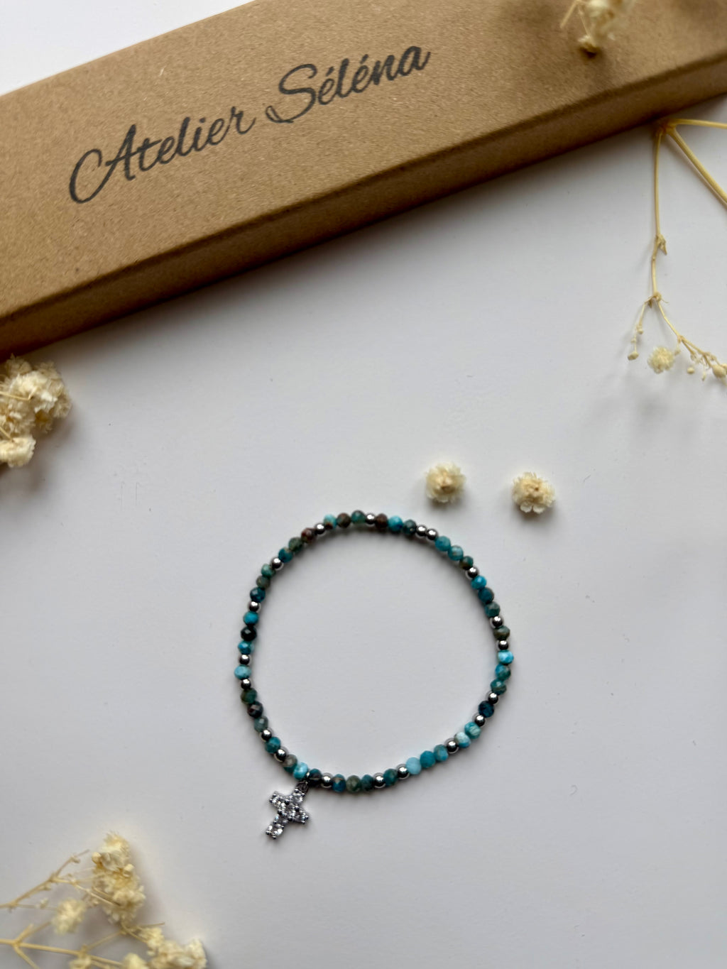 Atelier Séléna - Perles naturelles - Apatite bleue et acier inoxydable - Argenté