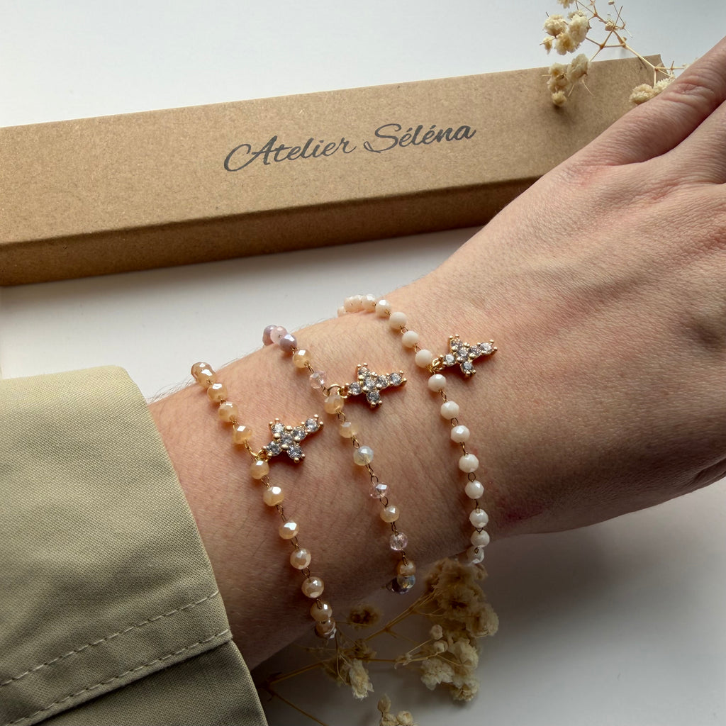Atelier Séléna - Bracelet perles de verre cristal à facettes en acier inoxydable plaqué or