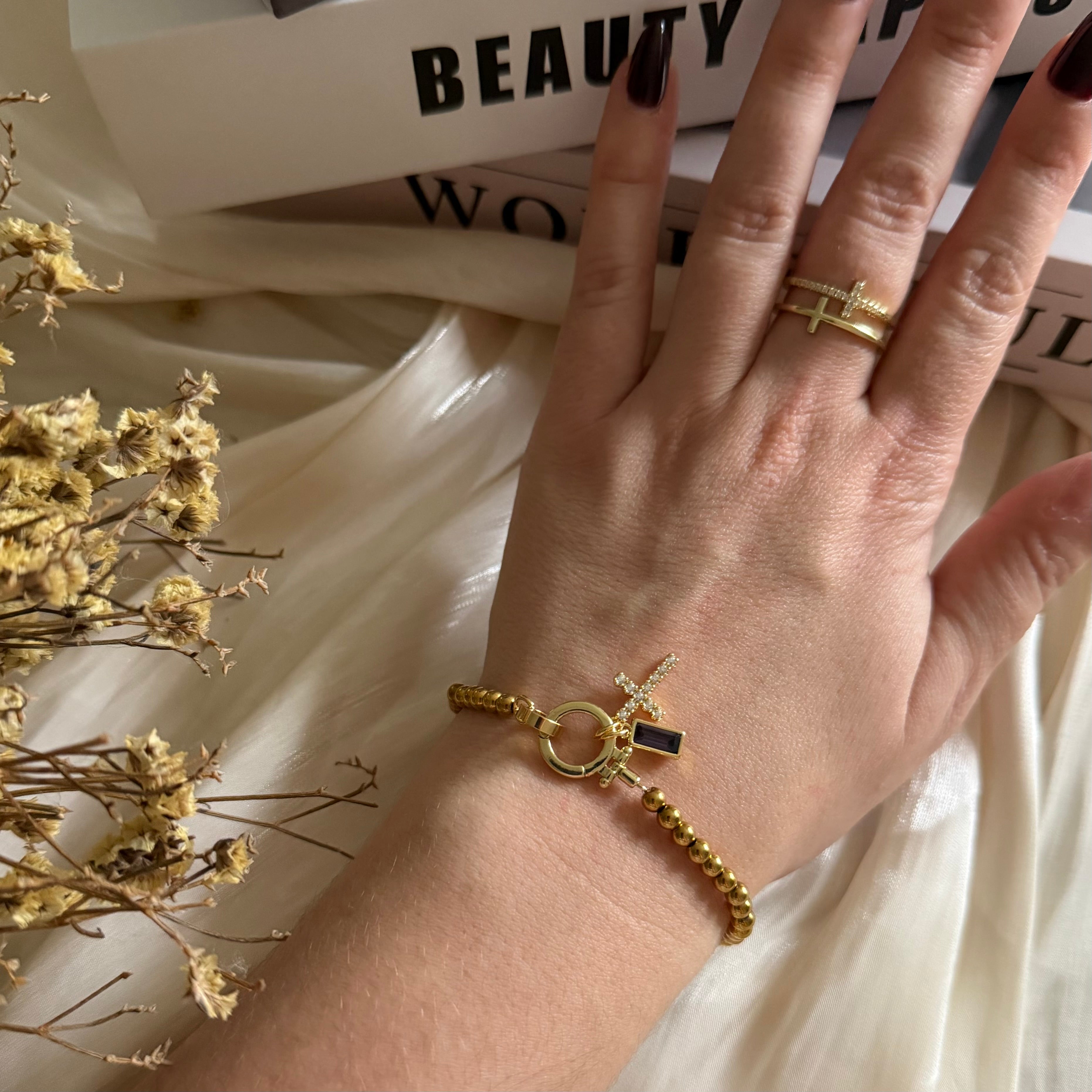 Atelier Séléna - Bracelet croix et pierre de naissance Juin - Plaqué or 18k - avec écrin