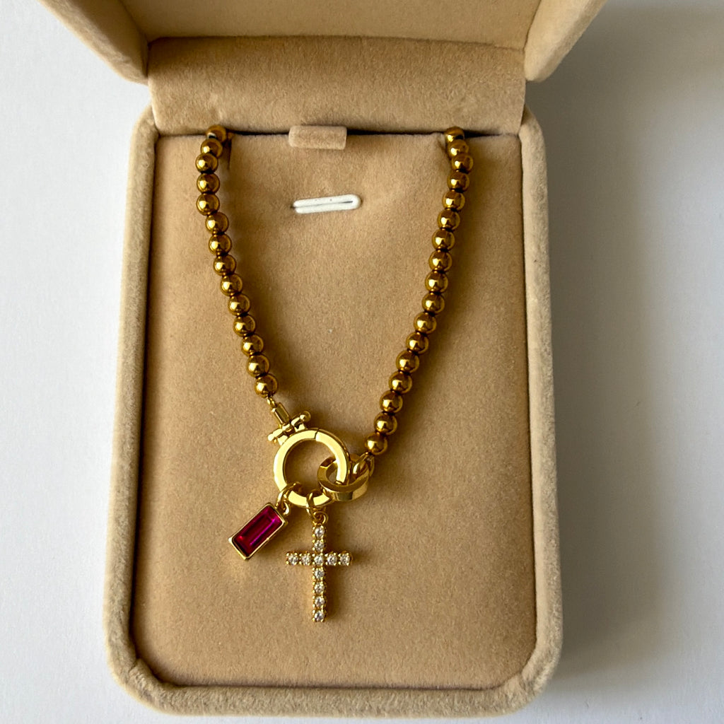 Atelier Séléna - Bracelet croix et pierre de naissance Juillet - Plaqué or 18k - avec écrin